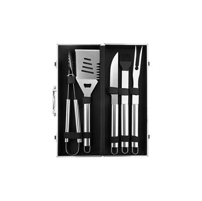Set of barbecue tools including a knife, fork, and spatula in a black holder on a white background