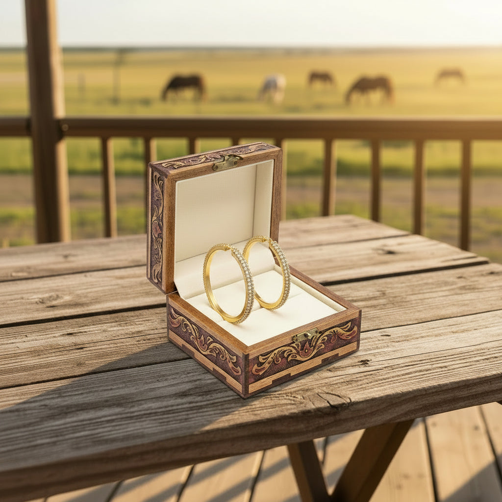 Gold hoop earrings with embedded stones on a white background