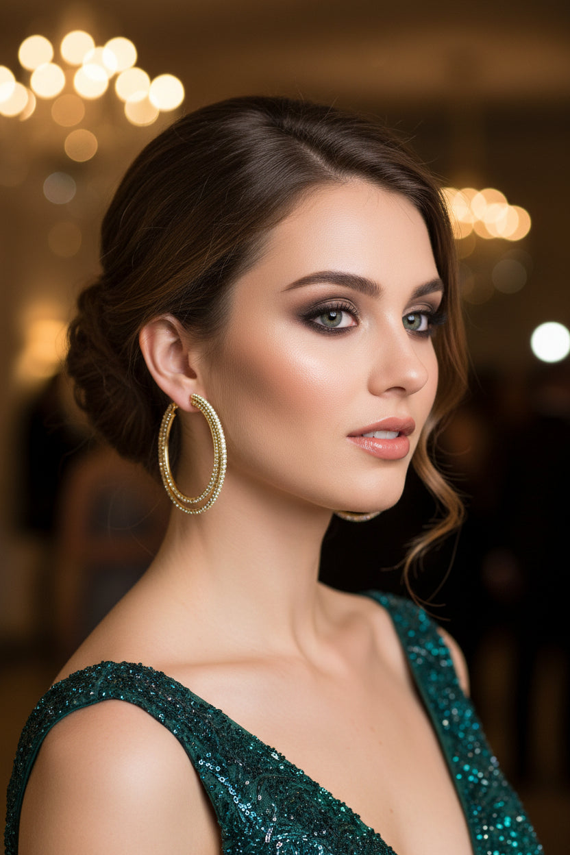 Gold hoop earring with embedded crystals on woman at gala