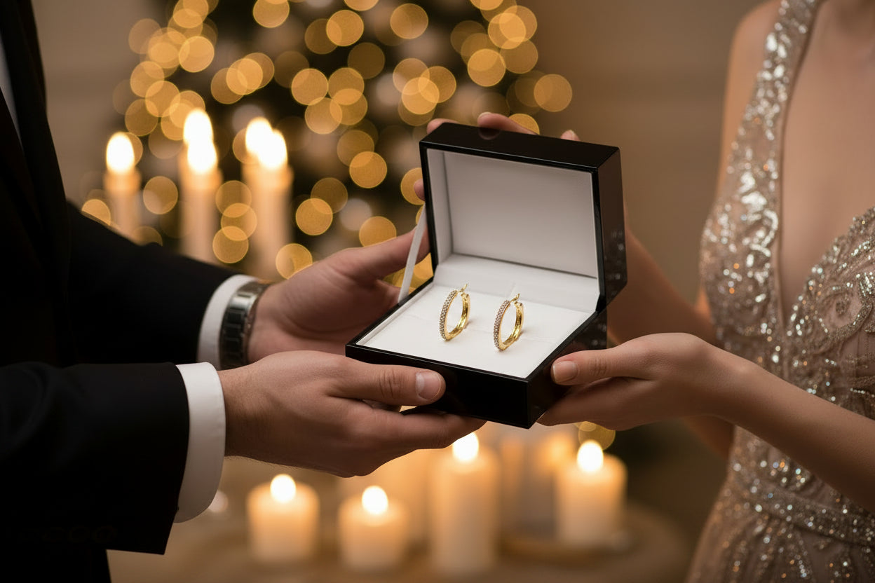 Gold hoop earrings with embedded stones in a gift box with a man and woman