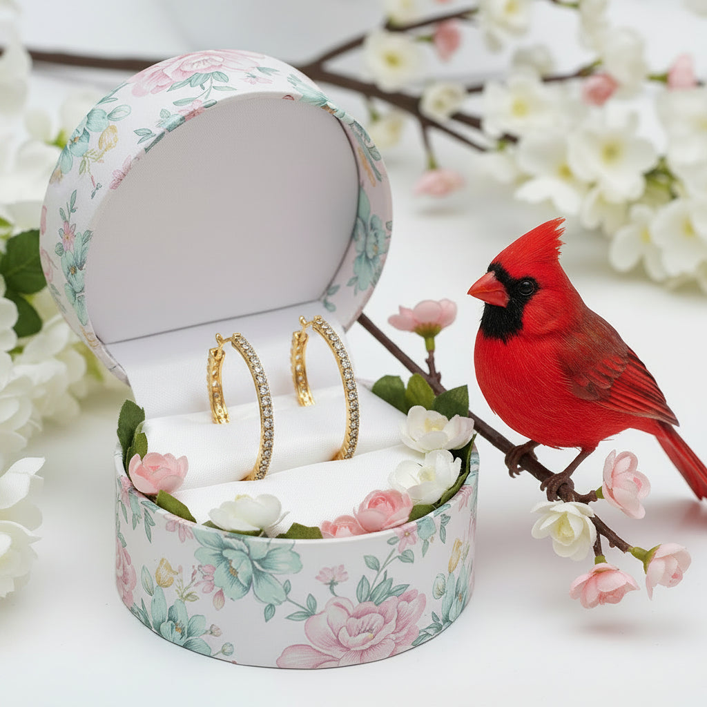 Gold hoop earring with embedded crystals in gift box on a white background
