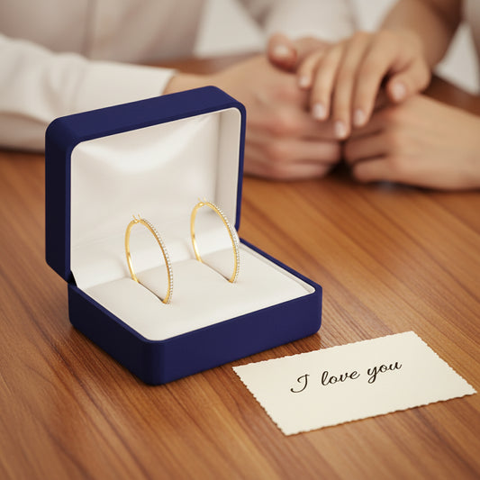 Gold hoop earrings with embedded stones in blue gift box.