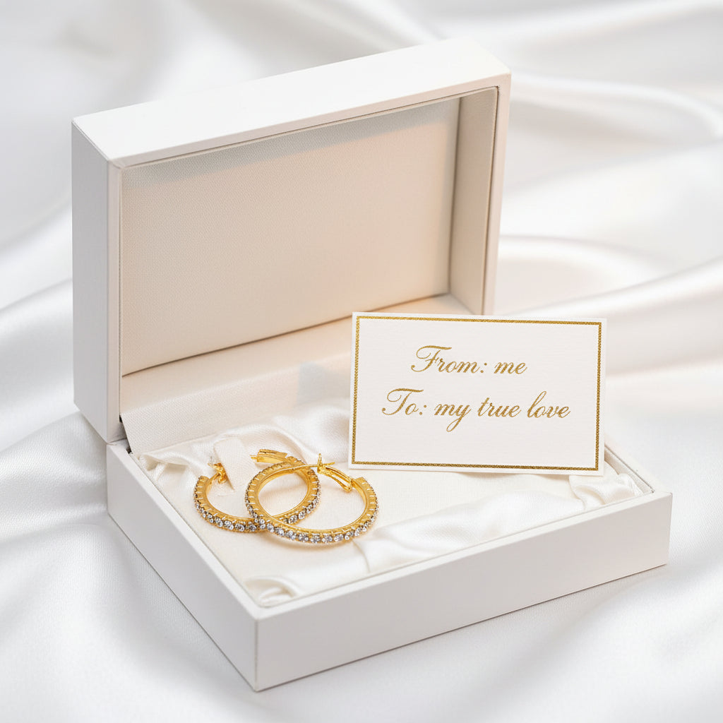 Gold hoop earrings with embedded stones in a gift box on a white background
