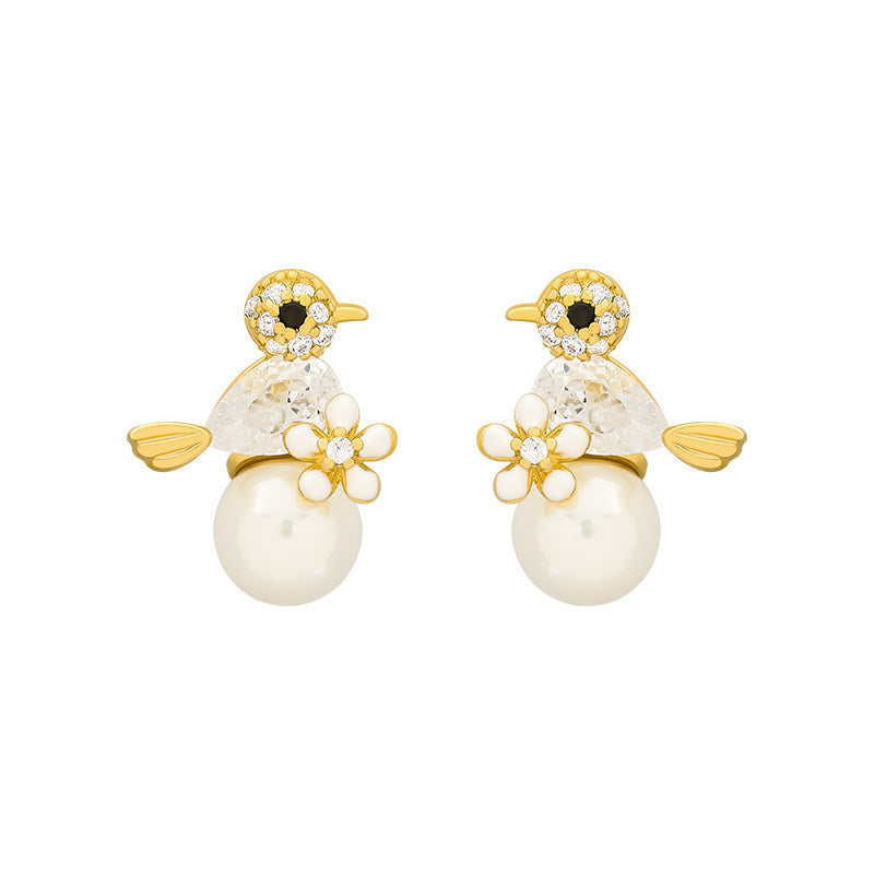 Bird & Pearl Stud Earrings – Gold-Tone, CZ Accents
