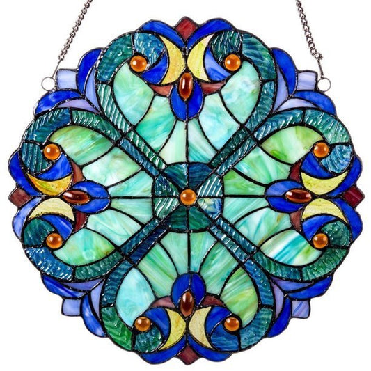 Stained glass heart-shaped decorative panel with blue, green, and red colors on a white background