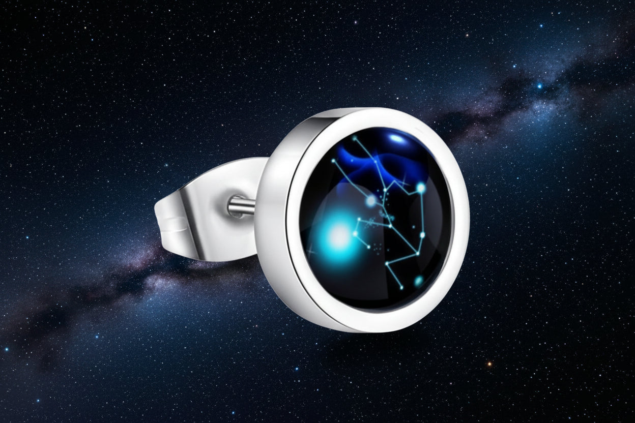 Silver ring with a blue gemstone featuring star constellations on a white background from nested wisdom