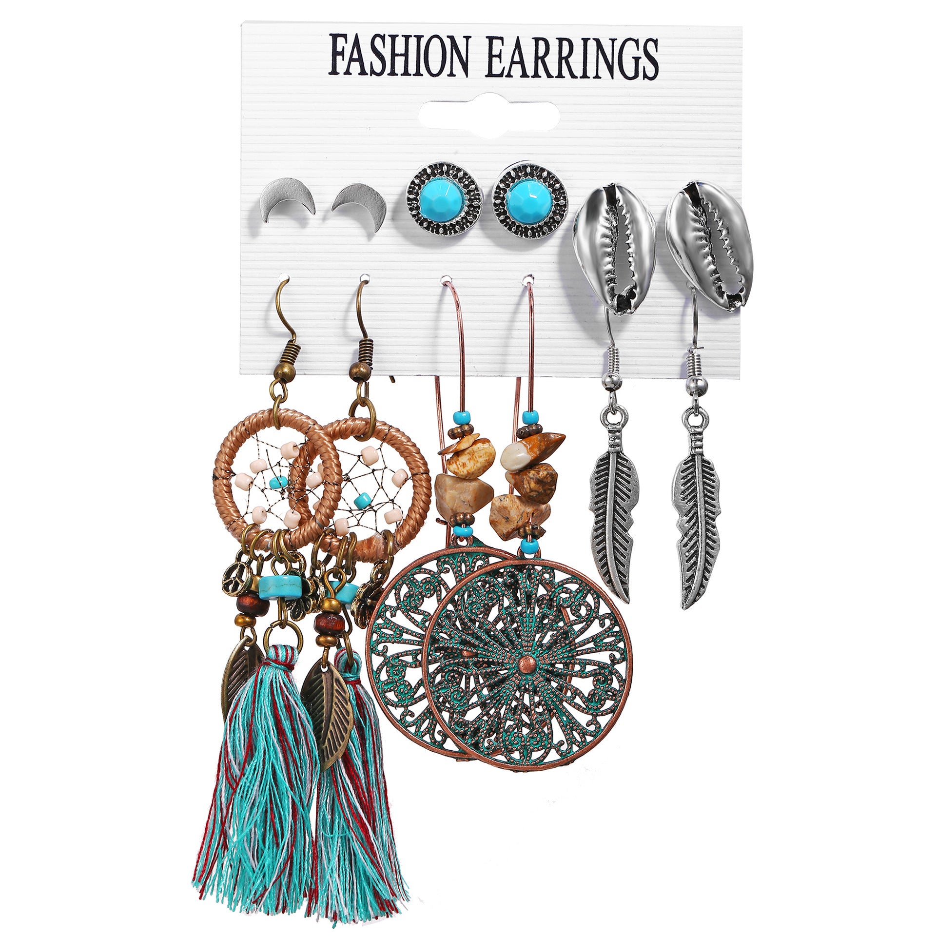 Set of fashion earrings on a display card with various designs including tassels and feathers.