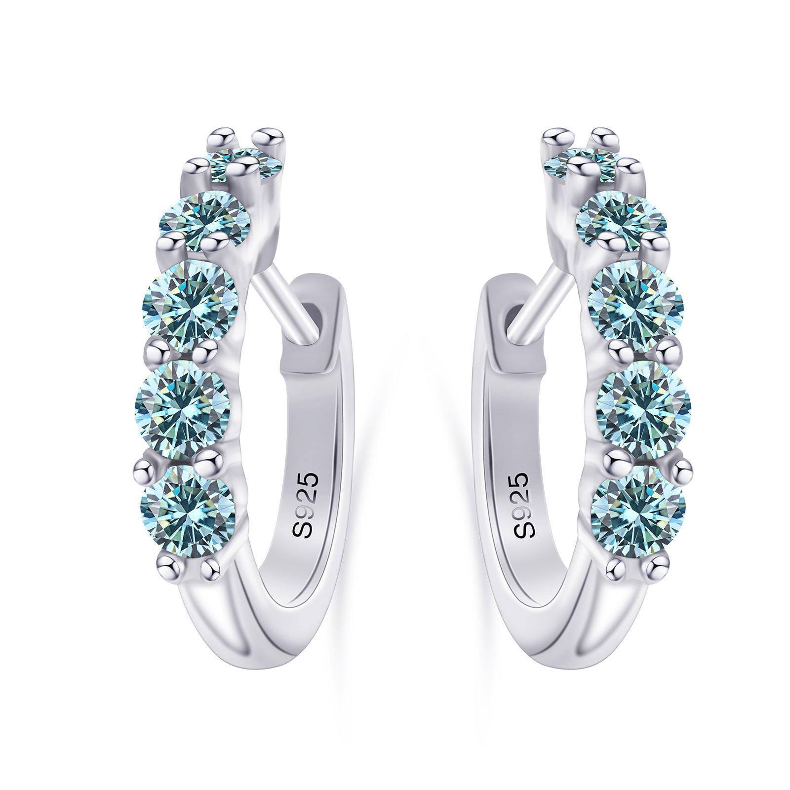 Silver hoop earrings with blue gemstones on a white background