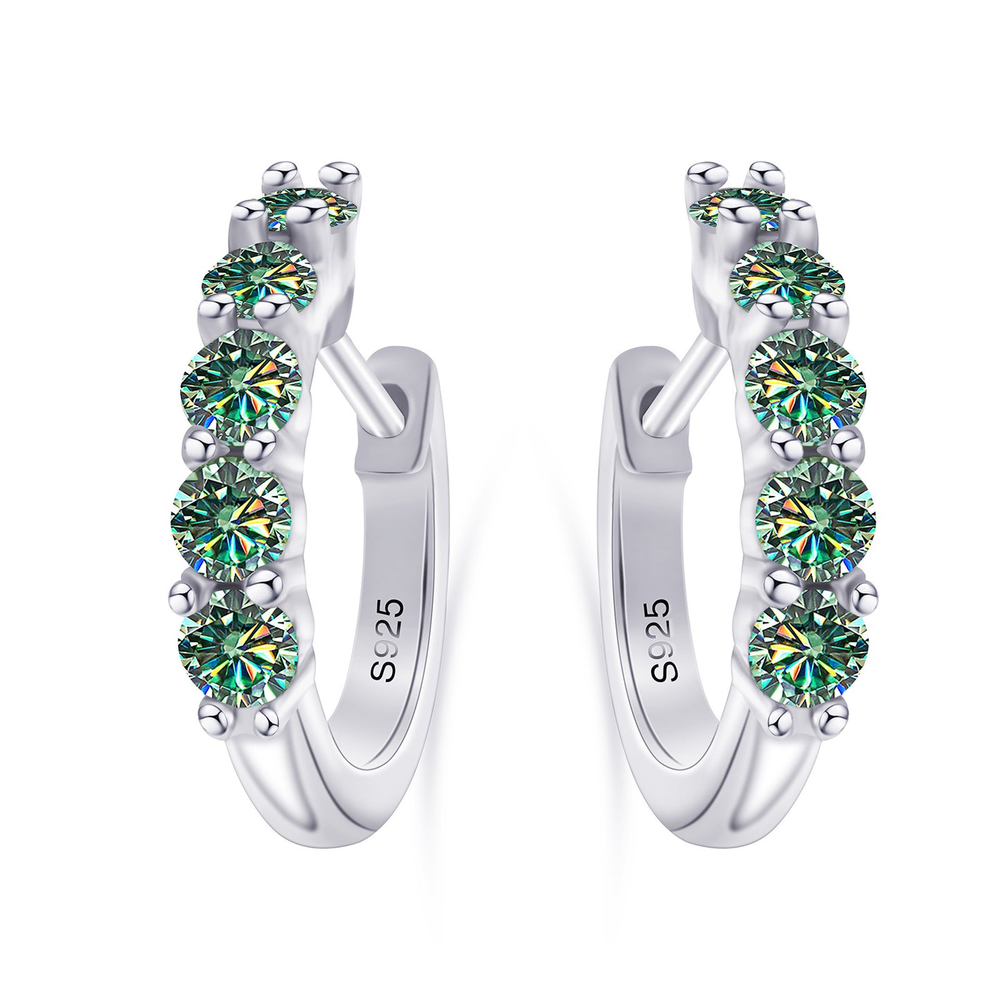 Silver hoop earrings with green gemstones on a white background