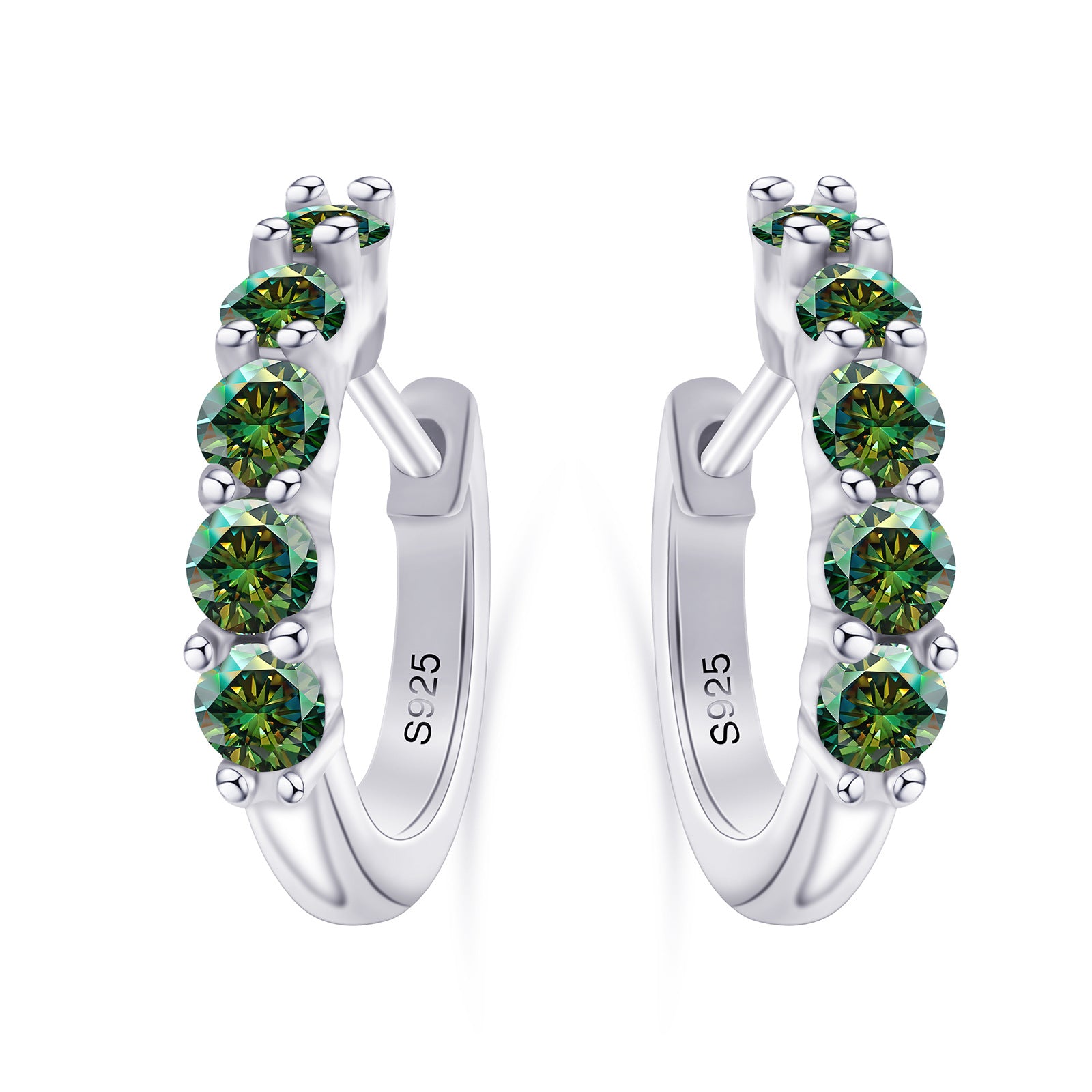Silver hoop earrings with green gemstones on a white background