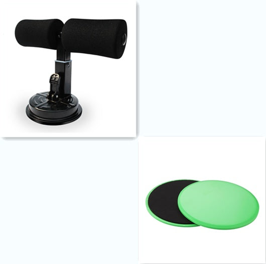 Black suction cup sit up device and two green knee pads on a white background
