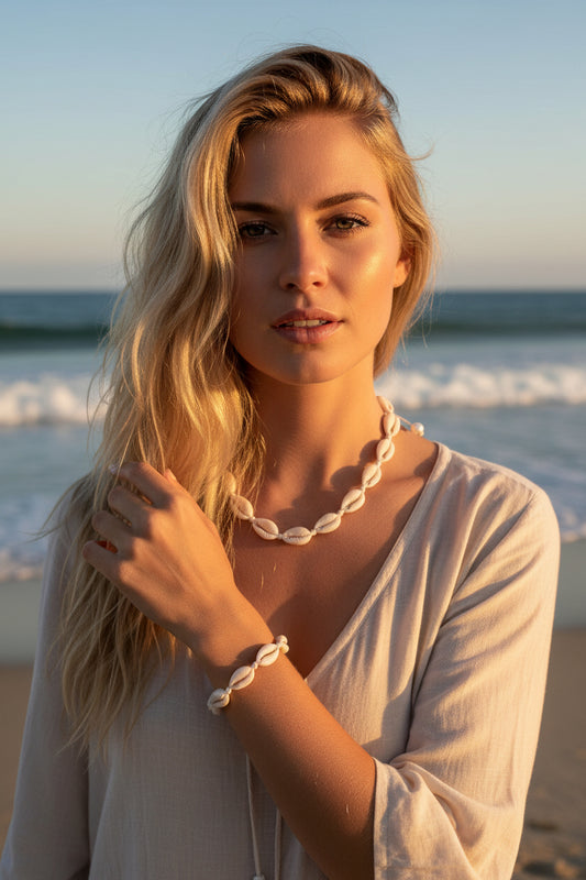 Shell necklace with pearls on a blonde woman at the beach