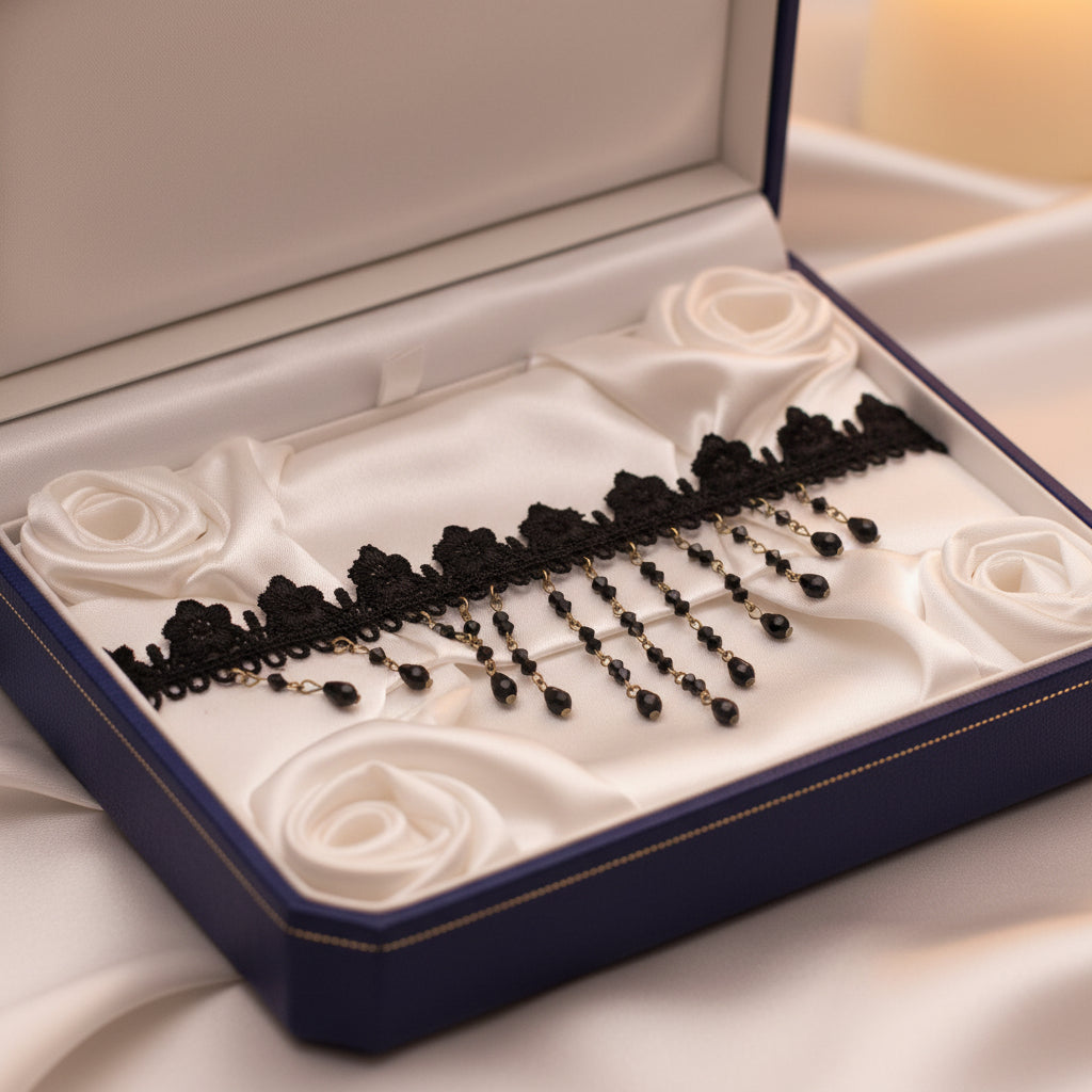 Black lace trim with beads on a white background
