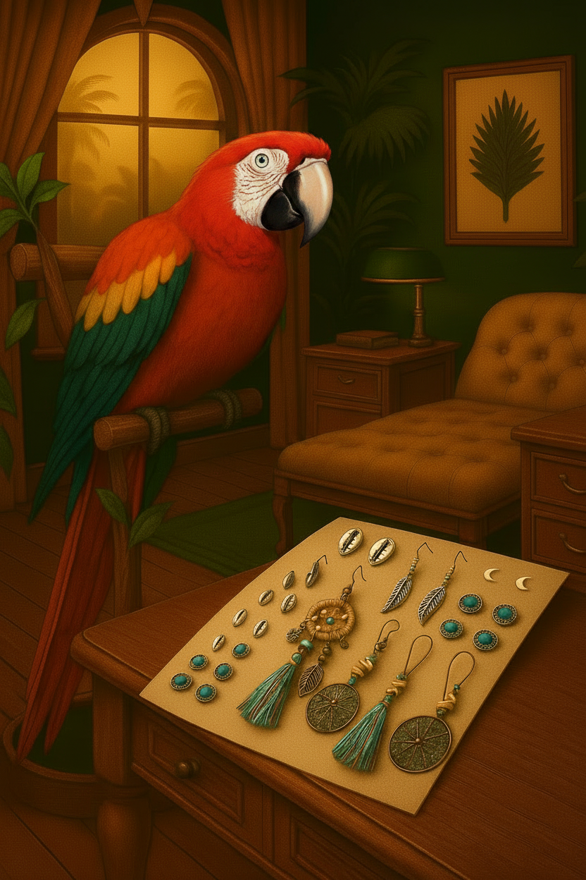 Red parrot with jewelry on a table in a cozy room