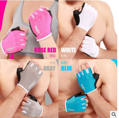 Gloves in rose red, white, gray, and blue shown on a person's arm with a pink background.