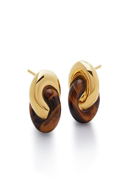 Pair of gold and tortoiseshell earrings on a white background