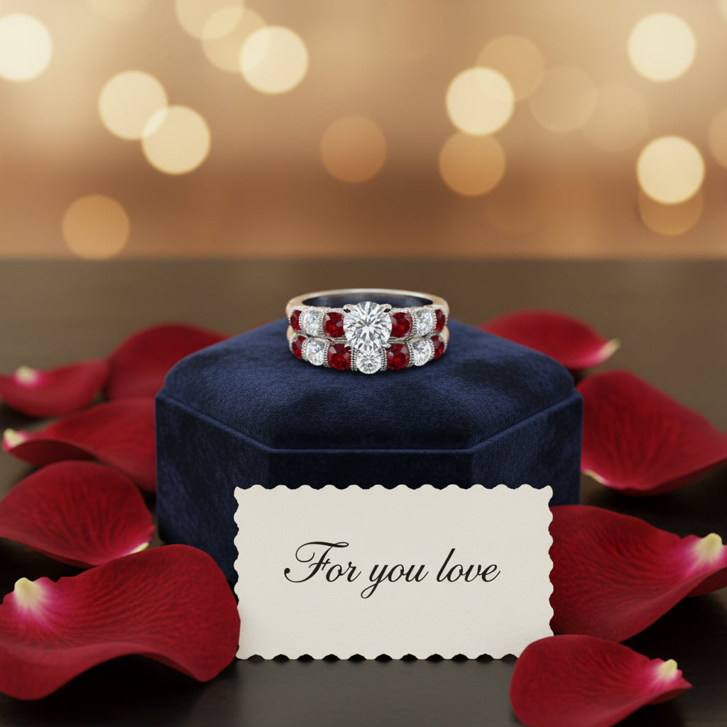 Silver ring with red gemstones and clear stones on a blue box with red rose pedals