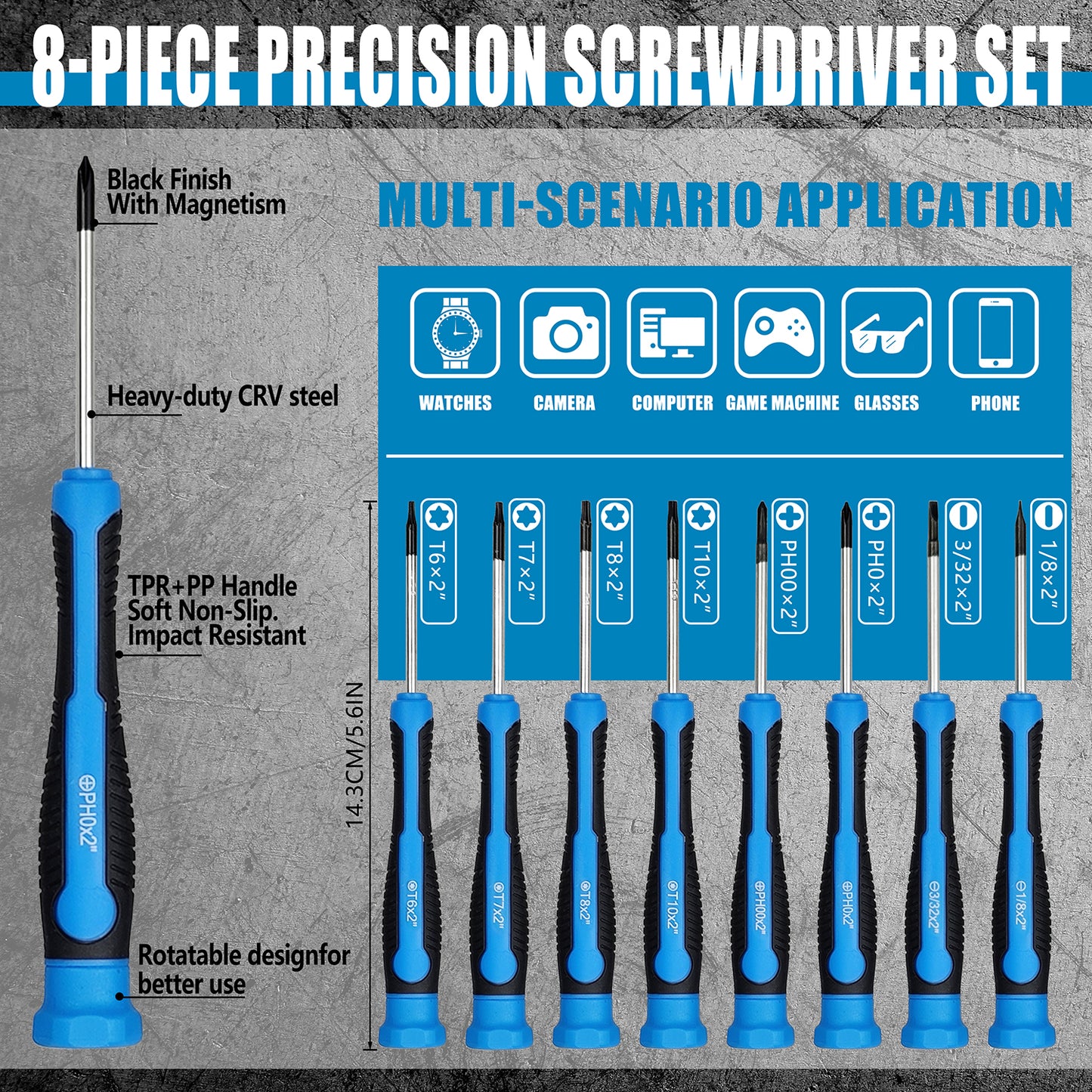 8-piece precision screwdriver set with detailed features on a gray background