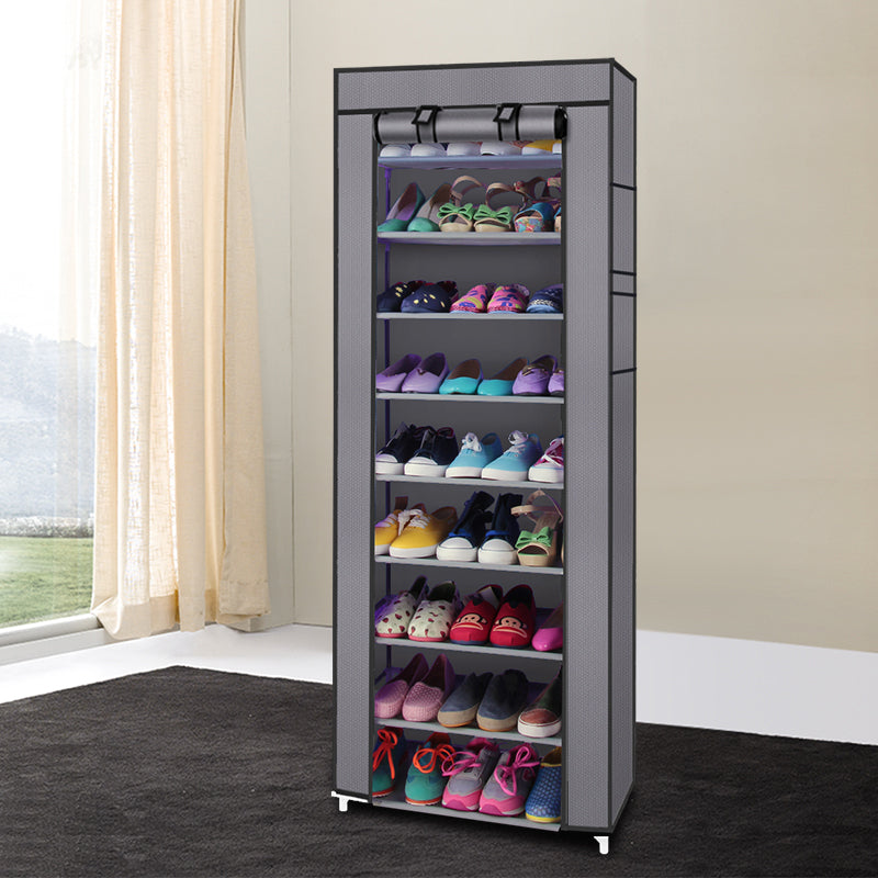Gray shoe cabinet with colorful shoes on shelves in a room with a window and curtains  from Nested Wisdom