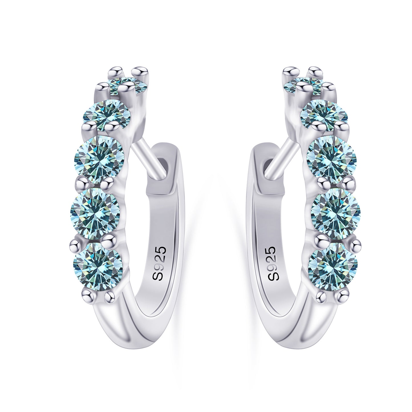 Silver hoop earrings with blue gemstones on a white background
