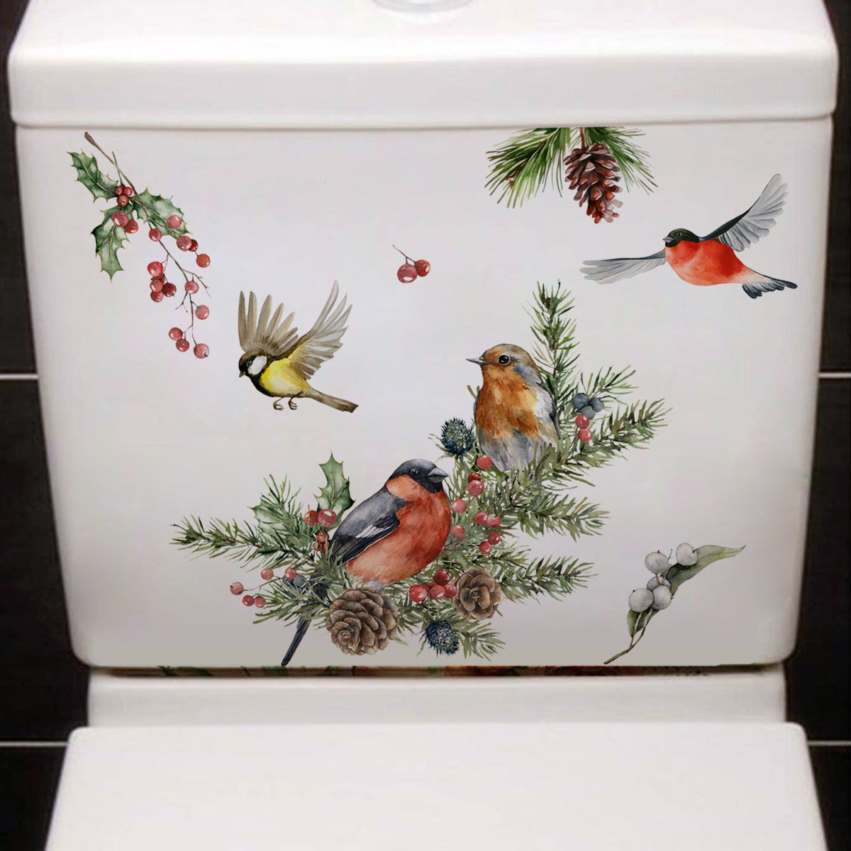 Decorative toilet tank cover with bird and nature-themed stickers on a white background.