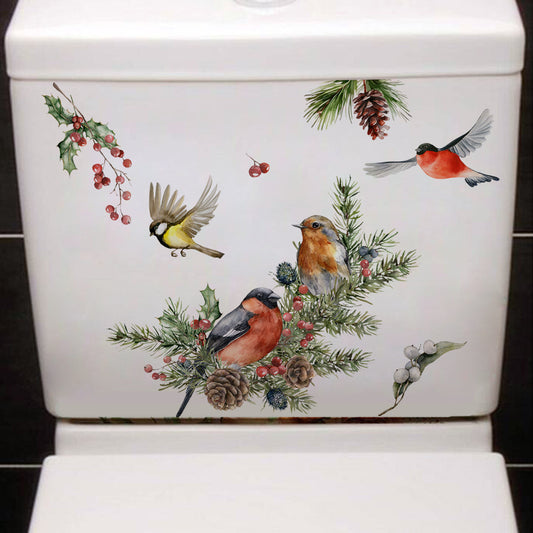 Decorative toilet tank cover with bird and nature-themed stickers on a white background.