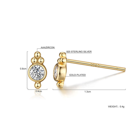 Gold earrings with zirconia stones and measurement details on a white background