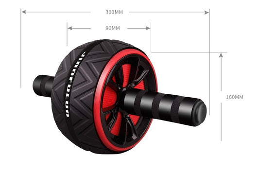 Black and red ab roller with dimensions on a white background