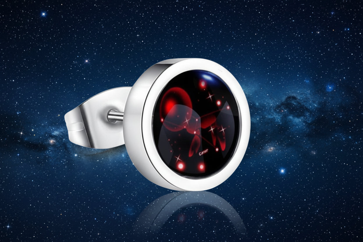 Silver ring with a red and black gemstone on a white background from nested wisdom