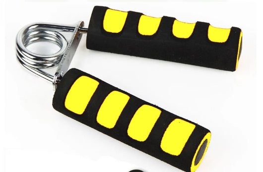 Hand grip with yellow and black design on a white background