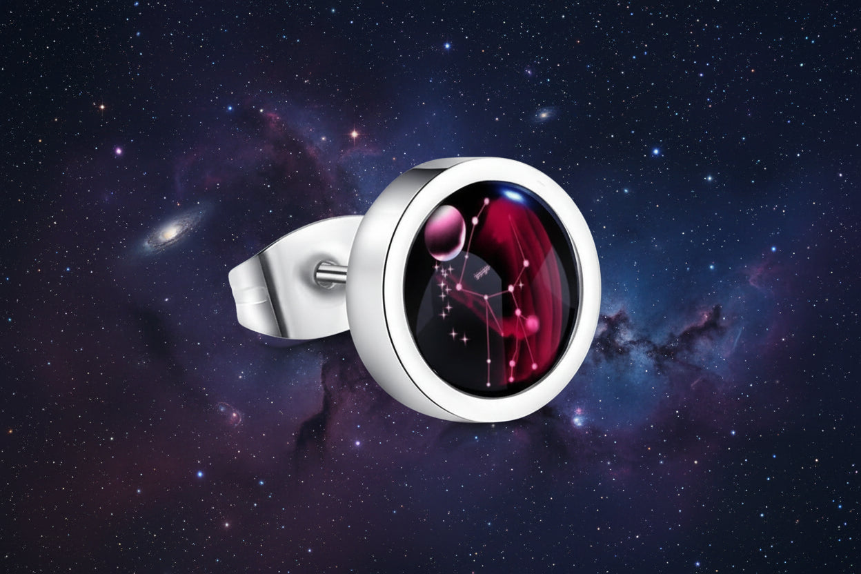 Silver earring with a red and black gemstone on a white background from nested wisdom