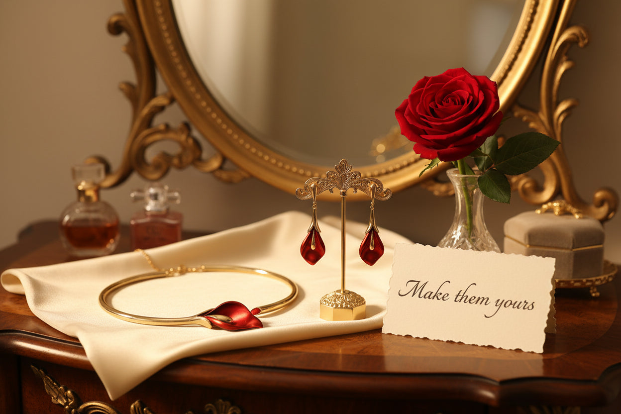 Jewelry set with red leaf-like stones on a white background