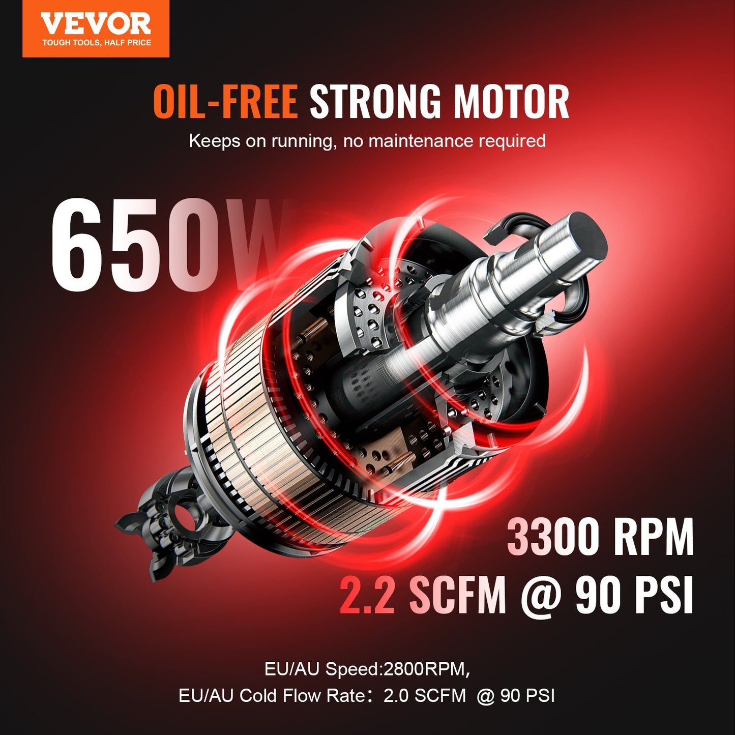 Oil-free strong motor with technical specifications on a red background, featuring VEVOR branding.