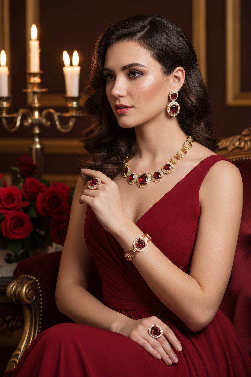 Jewelry set with necklace, earrings, and bracelet on a woman