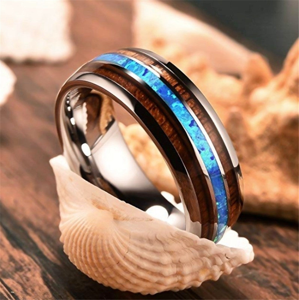 Blue Inlay Alloy Band Ring with Wood-Style Accent - ceramic tungsten