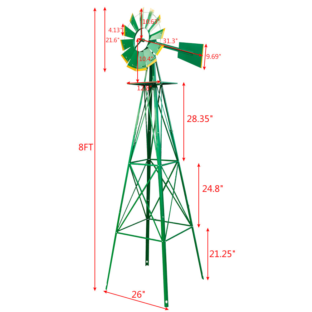 8 Ft Weather-Resistant Garden Windmill – Green Iron Yard Spinner with 22 In Wheel