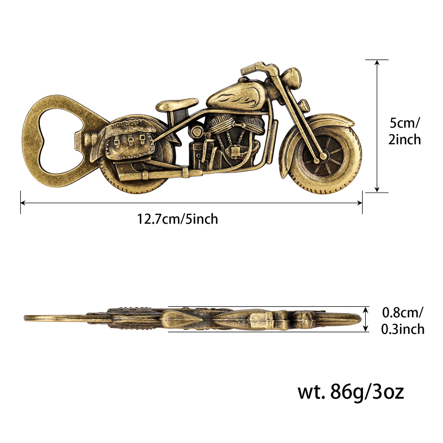 Motorcycle-shaped bottle opener with dimensions and weight on a white background