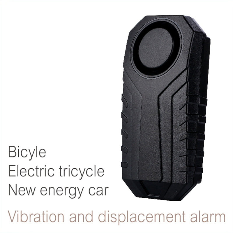 Black alarm device with text indicating its use for bicycle, electric tricycle, and new energy car security.