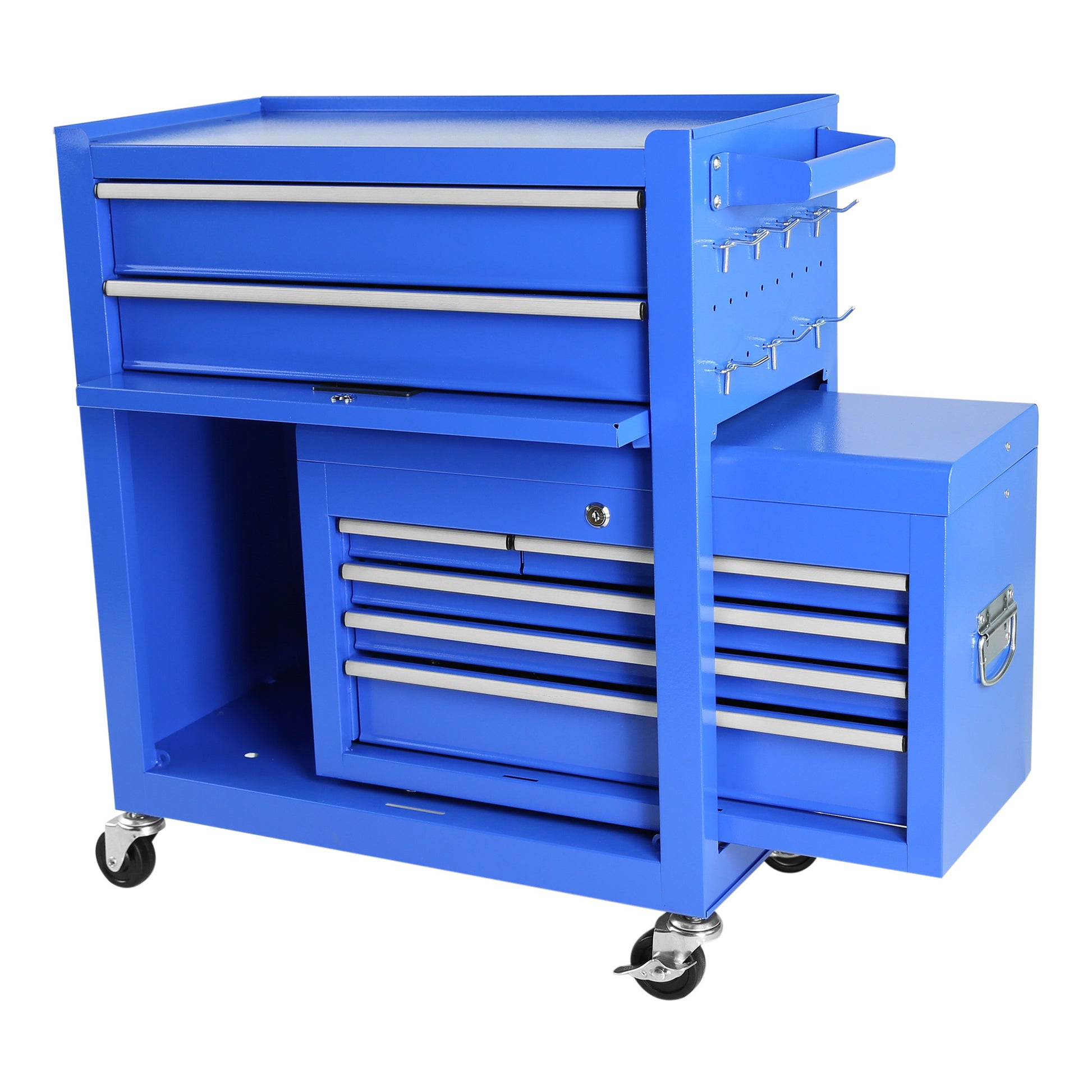 Blue tool cart with multiple drawers and storage compartments on a white background