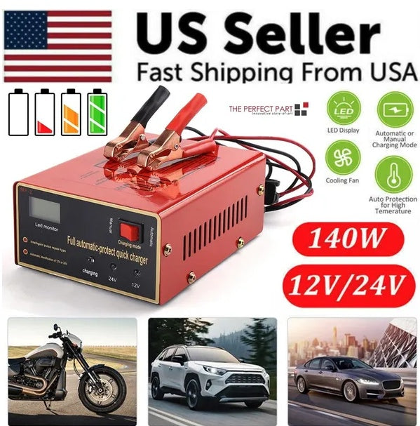 Red battery charger with features and specifications on a white background, including an American flag.