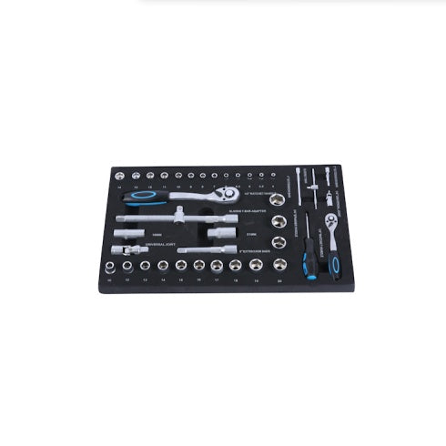 Set of tools on a black mat with measurements on a white background