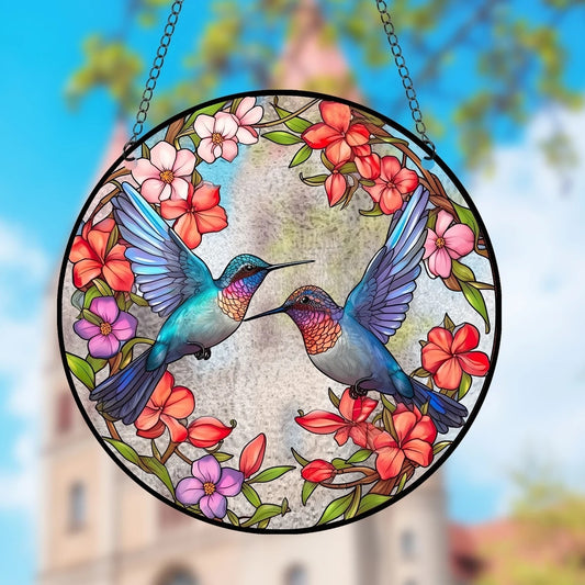 Decorative stained glass panel with hummingbirds and flowers,