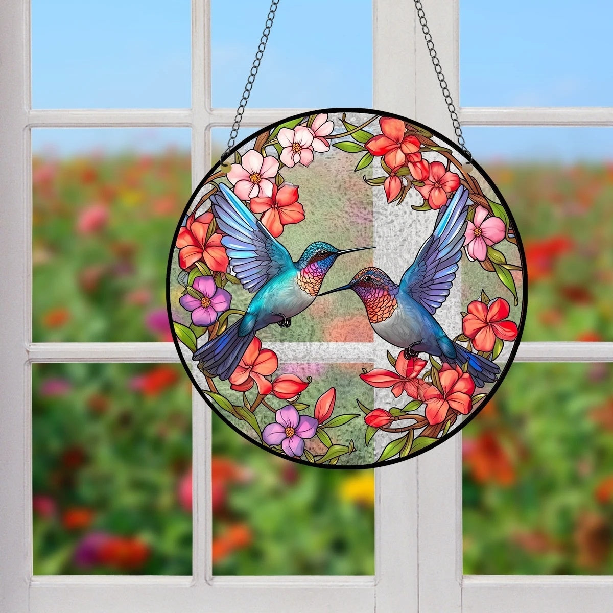 Decorative circular piece with two hummingbirds and flowers hanging in front of a window with a garden view.