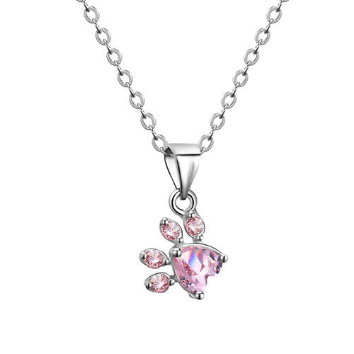 Necklace with a pink paw-shaped pendant on a white background