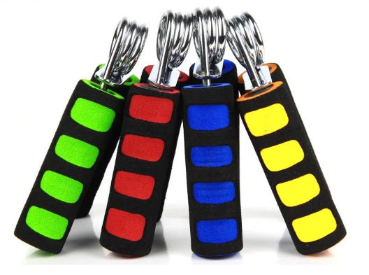 Four keychain grips with colorful striped design on a white background