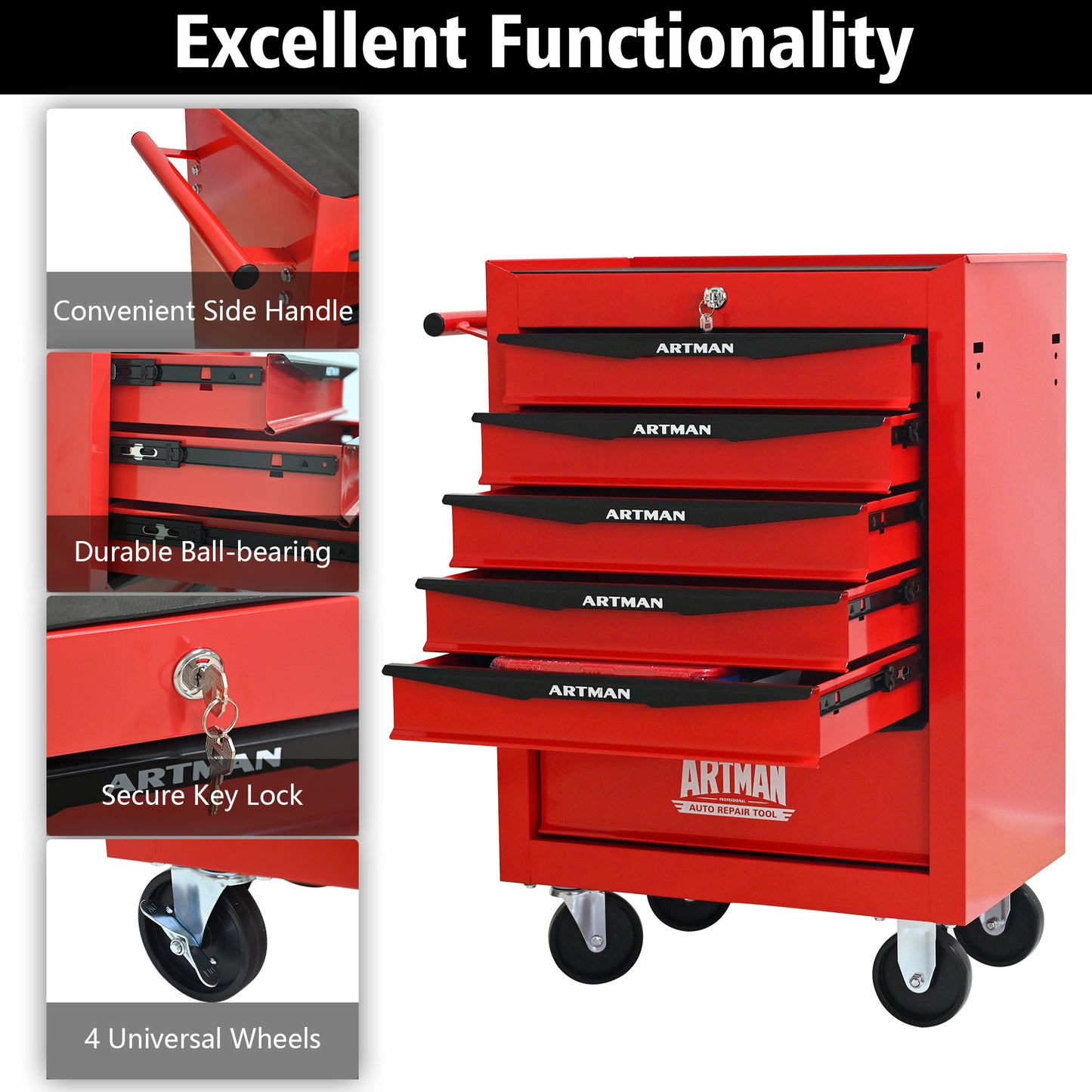 Red tool chest with features highlighted on a white background