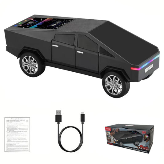 Black toy car with LED display, USB cable, and packaging on a white background from Nested Wisdom