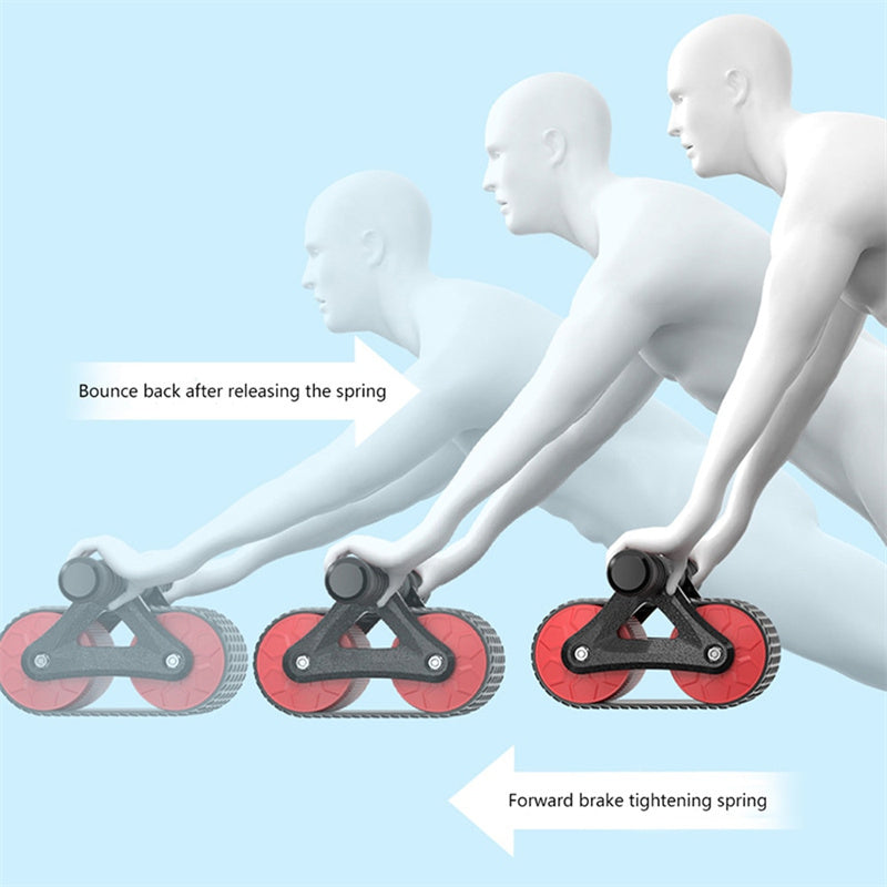 Diagram showing a person using roller skates with red wheels and gray axles on a light blue background.