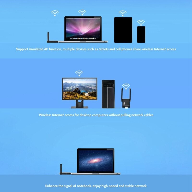 Diagram of devices sharing wireless internet access on a blue background