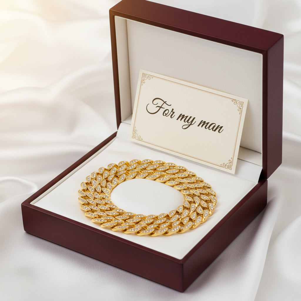 Gold chain necklace with diamonds on a black background